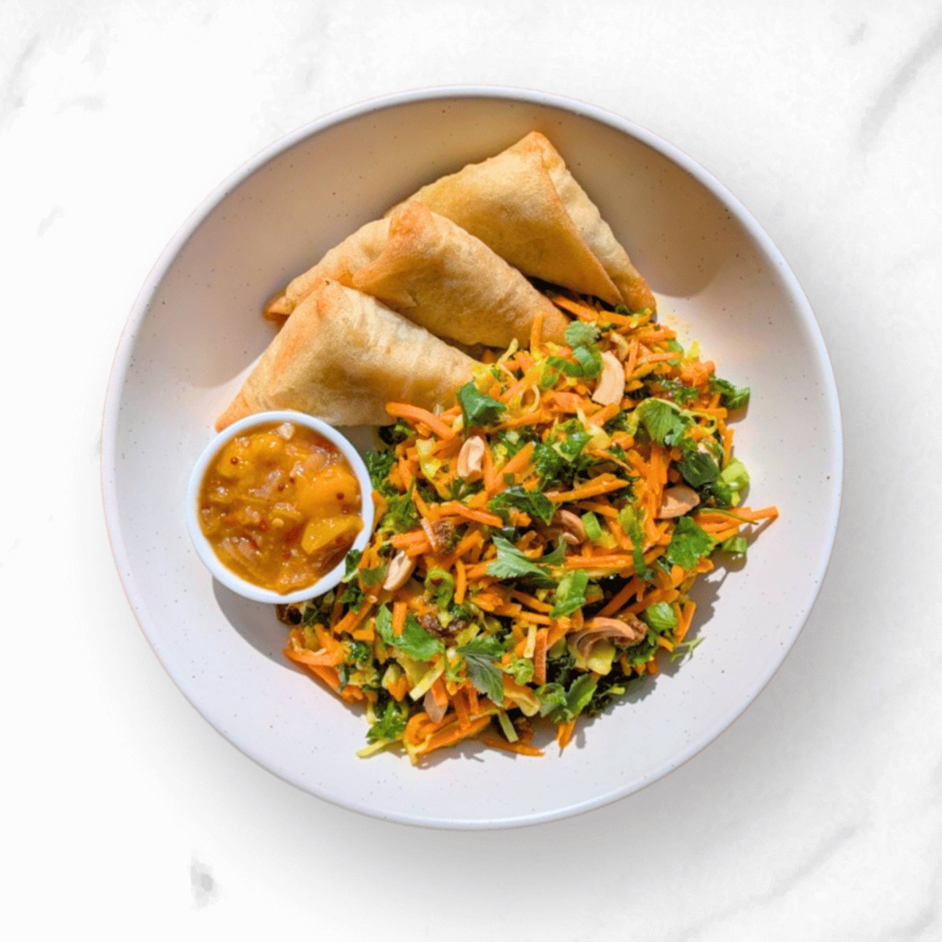 Samosa Trio + Curry Carrot Crunch Salad