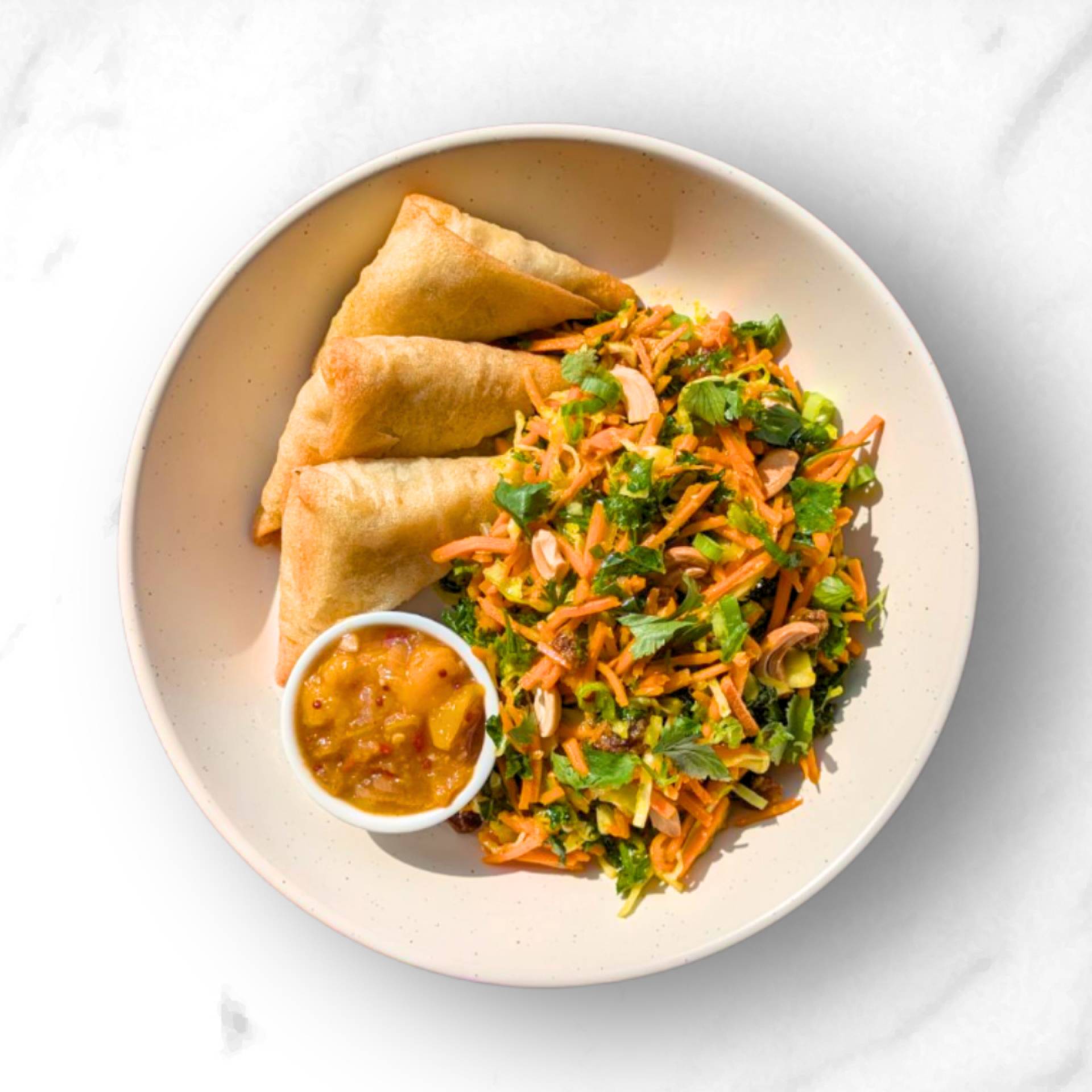 Samosa Trio + Curry Carrot Crunch Salad